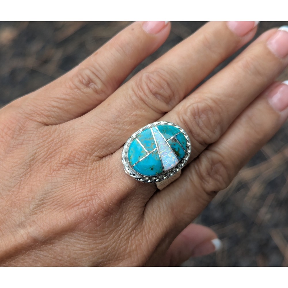 Handcrafted Navajo‎ Turquoise Opal Inlay Oval Tri-Cut Ring Signed NA Sz 12 US**